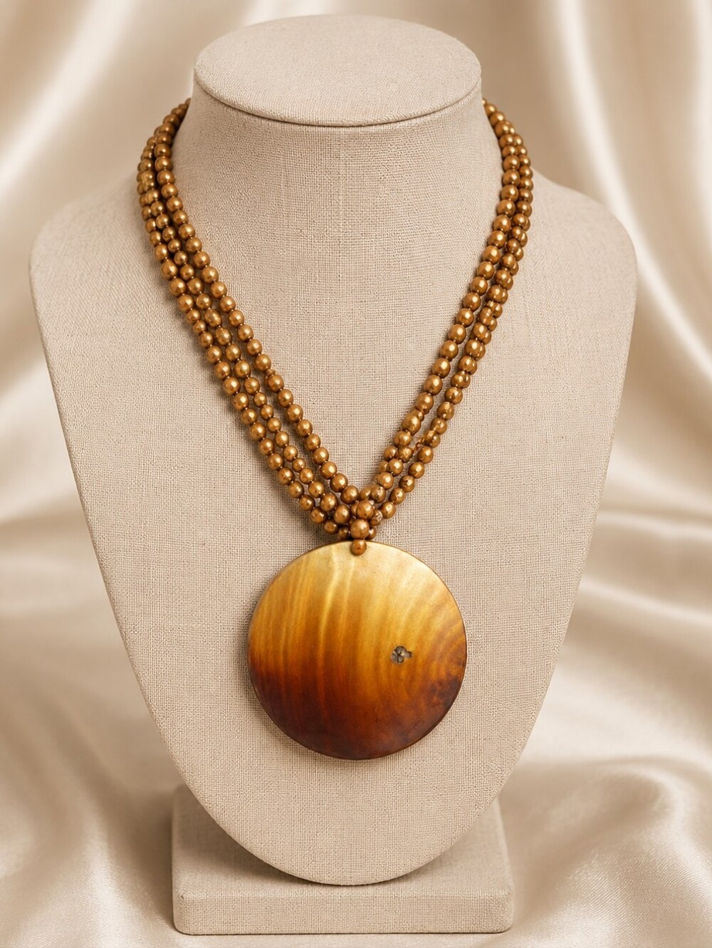 Statement Shell Pendant Necklace Triple Strand Beaded Brown Gold 12”